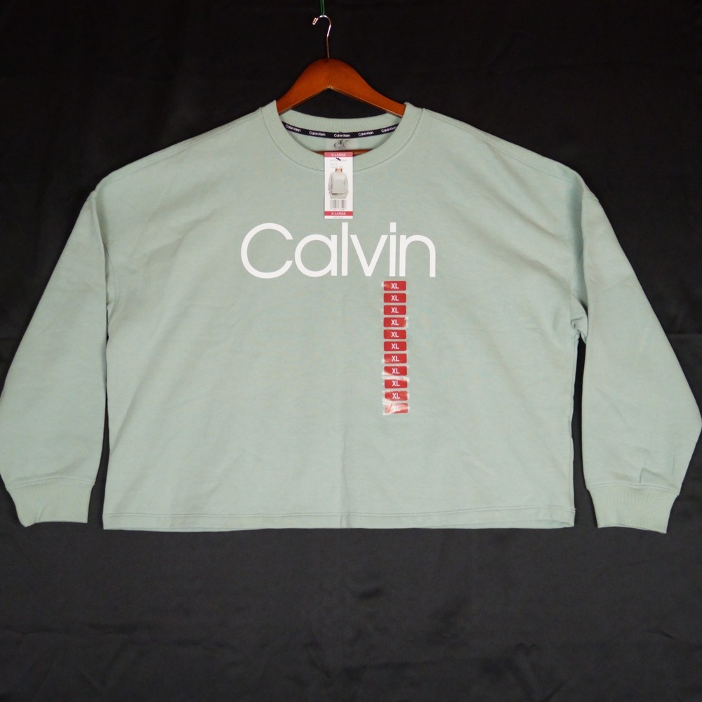 Calvin Klein Sweatshirt Women XL Sage Green Logo Crew Neck Relaxed Fit